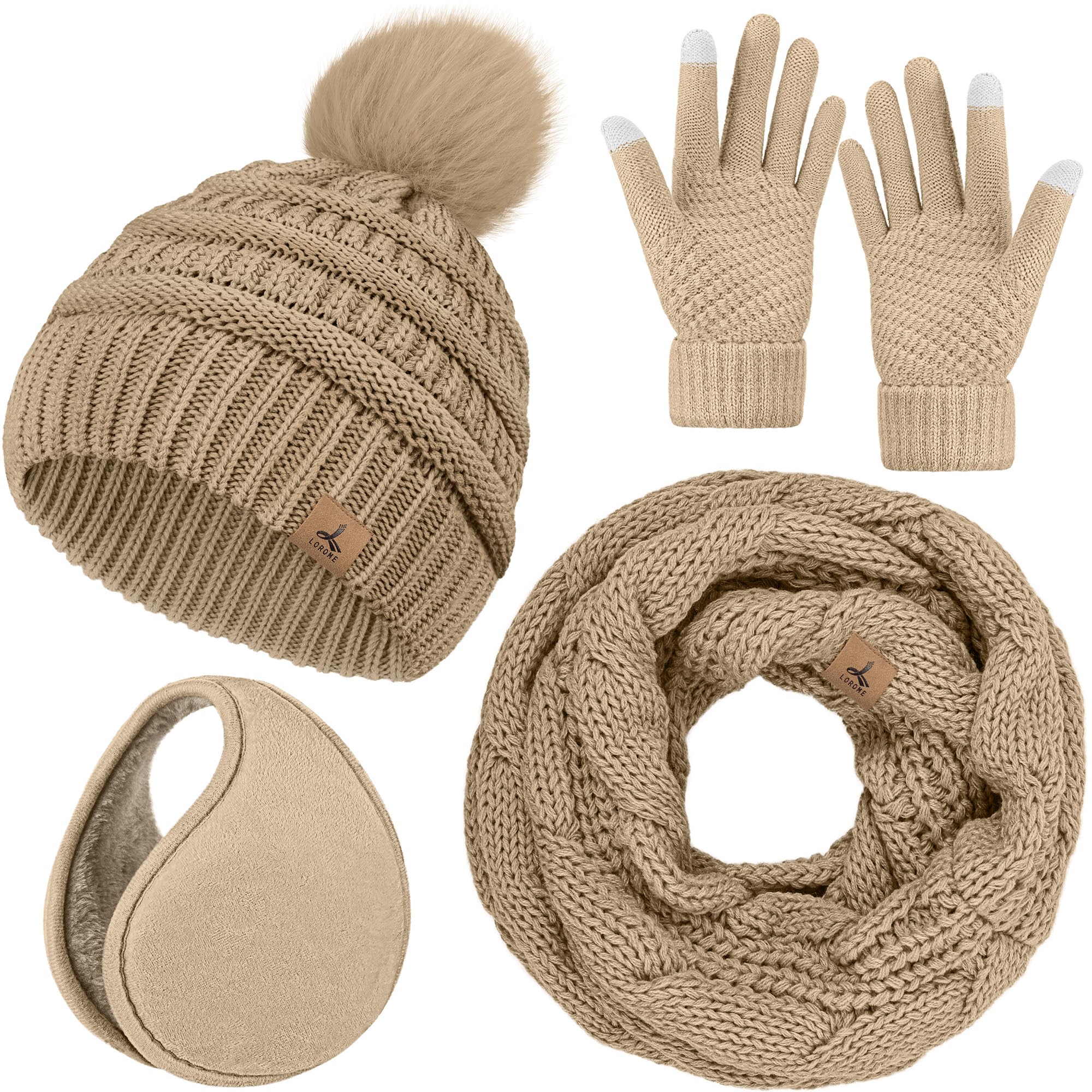 Winter Hat Scarf Gloves and Ear Warmer, Warm Knit Beanie Hat Touch Screen Gloves Set Winter Gifts Neck Scarves for Women